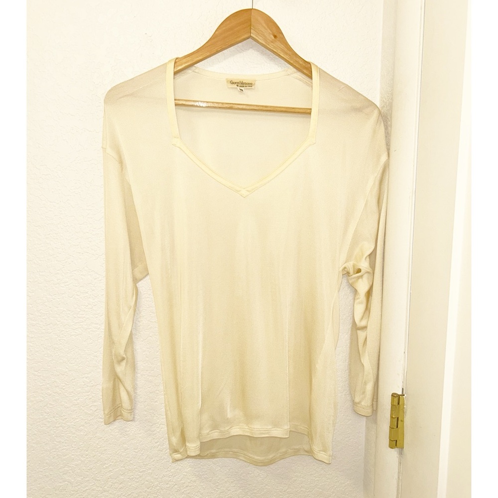 Vtg VERSACE 1970s Décolleté neckline 3/4 sleeve SHEER blouse BEIGE SZ: L (42)